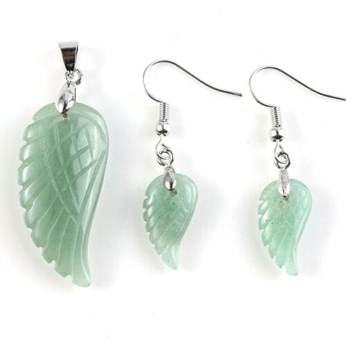 YJXP Jewelry Sets Popular Silver Plated Green Aventurine Lovely Angel Wing Pendant and Drop Earrings for Anniversary Charms Gift