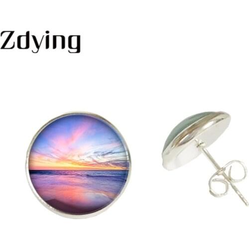 Zdying Beautiful Landscape Sea Mountain Trees Stud Earrings Glass Cabochon Metal Earring Gift Jewelry For Woman Wan Girls SL05