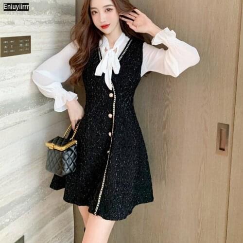 European and American Women V Neck Bling Bling Work Basic Wear Elegant Office Lady Little Black Bow Tie Shirt Dress