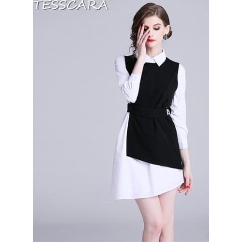 TESSCARA Women Elegant Office Dress Shirt Suit Set Festa Female High Quality Vintage Designer Vestidos Asymmetrical Robe Femme
