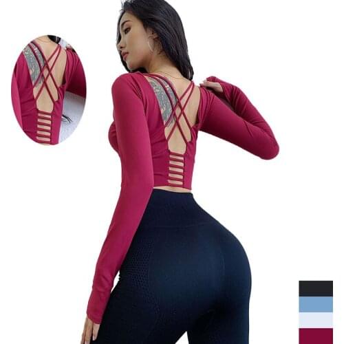 Womens Halter Top Back Cross Gym Yoga Shirt Long Sleeve Training Top Fitness Running Sports T-shirt Sexy Tight Long Sleeve
