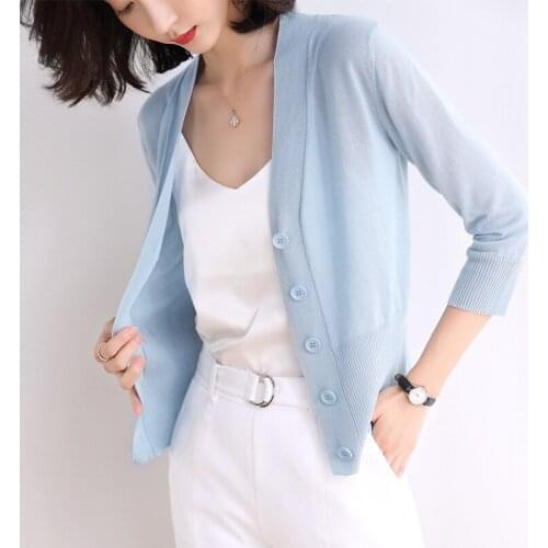 Knitting Cardigan Women Fashion Blue See Through Coats Summer Sunscreen Shirt Three Quarter Sleeve Tencel Shawl Tops V-Neck 2021