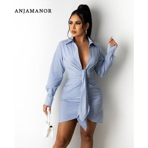 ANJAMANOR Blue White Striped Shirt Dress with Sashes Elegant Sexy Collared Deep V Neck Long Sleeve Dresses Fall Fashion D85-CG19