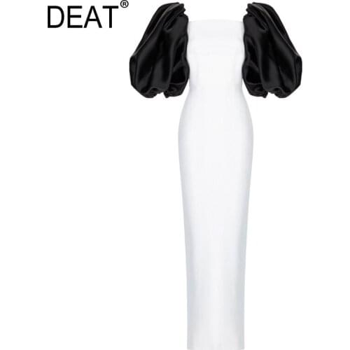 [DEAT] Women Dress New Temperament One Word Collar Splicing Short Sleeve Loose Fit Fashion Tide Spring Summer 2021 13U359