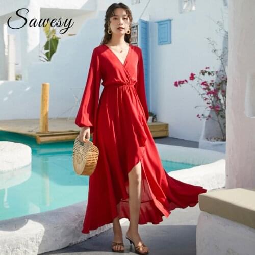 Elegant Casual Holiday Sexy Backless Long Dresses Women Summer Chiffon Long Sleeve Split Maxi Dress Red