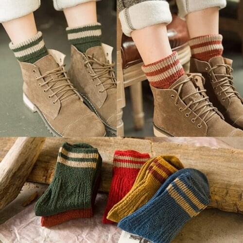 Winter Wool Socks Thicken Warm Knitted Striped Women Socks Christmas Style Female Short Socks