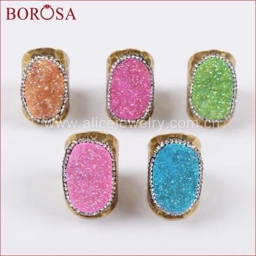 BOROSA Druzy Gold Band Ring ,Oval Titanium Rainbow Druzy Quartz Stone Ring,High Quality Fashion Ring Gems for Women JAB754