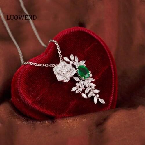 LUOWEND 18K Solid White Gold Pendant Necklace Real Natural Emerald Diamond Women Engagement Anniversary Necklace Classic Style