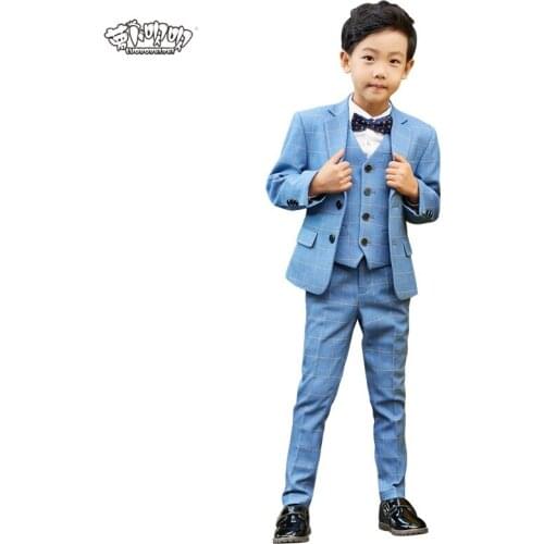 Children Formal Clothing Set Boys Plaid Jacket vest Pants Shirts bowtie 5pcs Suit Kids Wedding Party Gentleman Costume