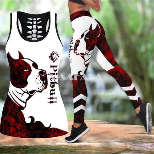 Pitbull Red Tattoos Dog Two Piece Yoga Set Women 3D Print Vest Hollow Out Tank Top High Waist Legging Summer Casual Sport