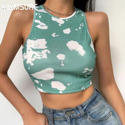 IAMSURE Tie-Dye Print Tank Top Women 2021 Slim Ribben Sleeveless O-Neck Crop Tops Casual Sexy Streetwear Summer Fashion Vest Y2K