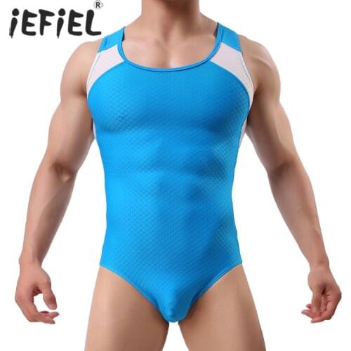Men Gym Sports Fitness Color-blocking Bodycon Bodysuit Sleeveless Slim Fit Lingerie Jumpsuit Summer One-piece Catsuit Swimwear
