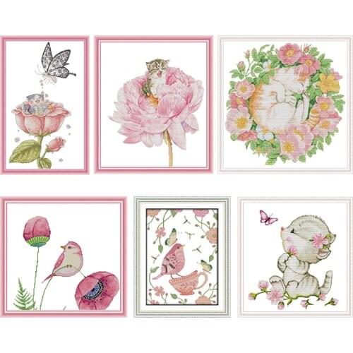 Cat In The Flower Cross Stitch Kit Stamped Embroidery Needlework Thread 11CT 14CT Printed Handmade Counted Fabric Home Decor Set
