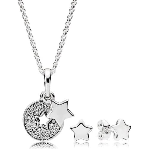 NEW Book Di 925 Sterling Silver Shining Stars Necklace and Earrings Gift Set fit charm original Necklace jewelry A Set