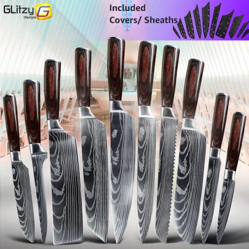 Kitchen Knife Chef Japanese Set 7CR17 440C High Carbon Stainless Steel Damascus Drawing Gyuto Meat Cleaver Slicer Santoku Tools