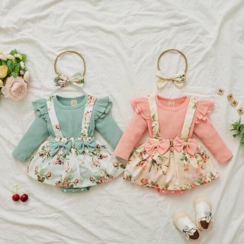 Citgeett Autumn Infant Baby Girls Outfit Floral O-Neck Long Sleeves Suspenders Skirt Romper + Hairband Clothes Set 0-24Months