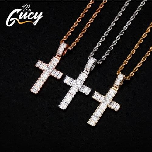 GUCY Fashion Baguette Cross Pendant Necklace With 4mm Tennis Chain Gold Color AAA Cubic Zircon Mens Women Hip Hop Rock Jewelry