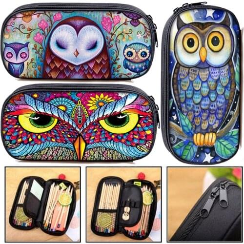 Night bird owl print Cosmetic Cases pencil holder women makeup bag girls stationary bag school case pencil box school supplies