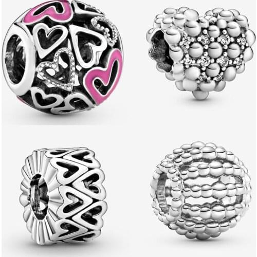 2020 New 925 Sterling Silver Openwork Freehand Heart Spacer Charm Fit pandora Bracelet Beaded Sparkling Heart Charm DIY Jewelry