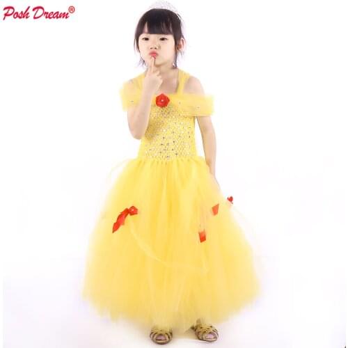 POSH DREAM Yellow Pearls Kids Girls Belle Cosplay Tutu Dresses Clothes Beauty and Beast Children Halloween Party Clothes