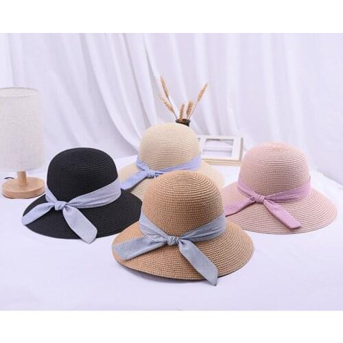 Sun Shade Hat New Korean Version Bowknot Straw Fisherman Hats Woman Summer Outdoor Pure Color Fashion Beach Basin Caps H073