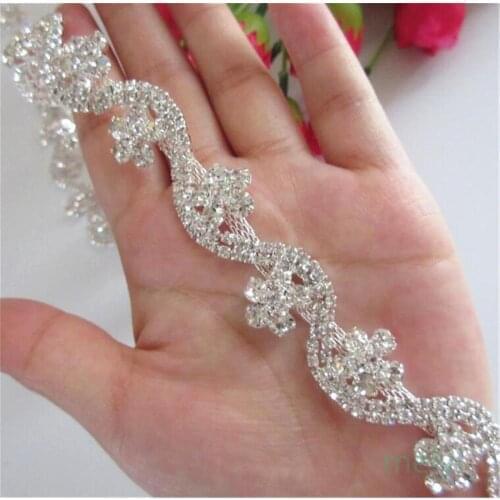 30cm Flower Rhinestone Crystal Chain Trim Ribbon Sparkle Diamante Silver Applique Bridal Sash Sewing on Wedding Dress Decoration