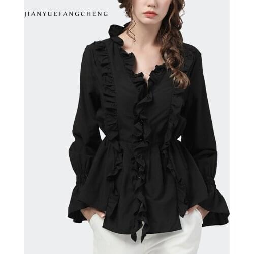 2021 Spring New Fashion Women' Shirt Flared Sleeve V-Neck Ruffles Tops Solid Color Elastic Waist Female Office Casual Blouses