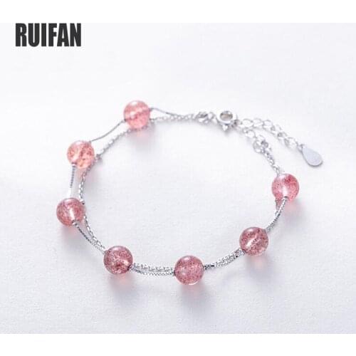 Ruifan Double Layer Pink Natural Strawberry Quartz 925 Sterling Silver Strand Bracelets Women Female Christmas Jewelry YBR097