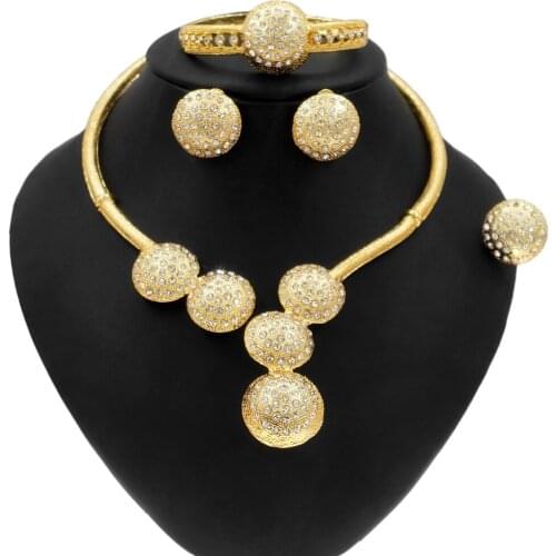 Yulaili Women Gold-Plated Shiny Crystal Jewelry Set Necklace Bracelet Earrings Ring Set Brazil Wholesale Zircon Jewelry Sets