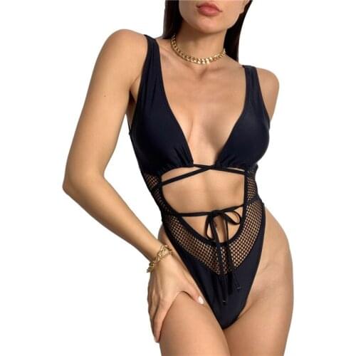 Women Cutout One Piece Swimsuits Sexy Deep V Neck Hollow Tie Up Open Back Bathing Suit For Women Solid Hollow Summer Beachwear