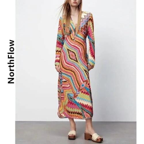 Northflow Women Dress Print Color Striped Midi V-neck De Fiesta Party Dress Vestidos Robe Femme