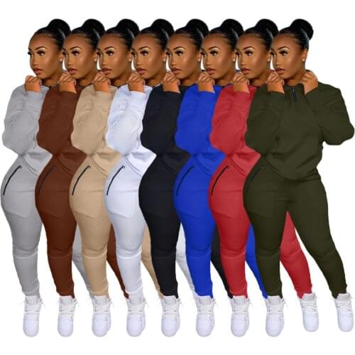 2021 Casaul Women Tracksuit Zipper With Pocket Solid Color Streetwear Sportsuit Solid Color Autumn Clothes For Women