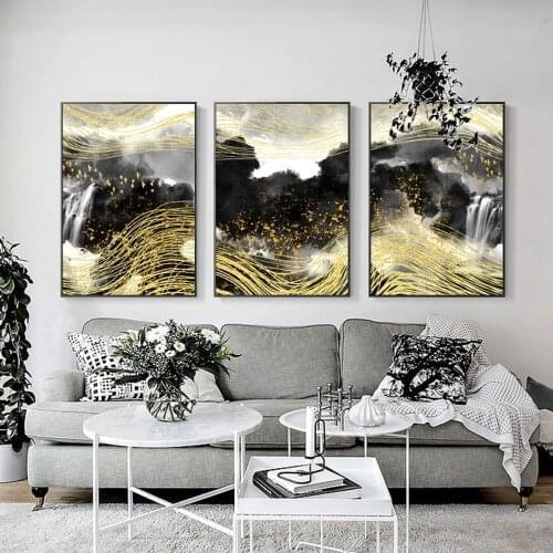 Abstract Golden Flying Bird Canvas Painting New Chinese Style Gold Foil Line Zen Black and White Landscape Pictures Home Decor