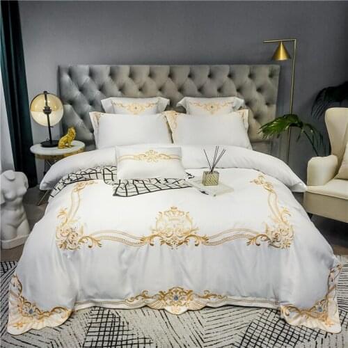 White Glossy Soft Satin Silk Cotton Gold Embroidery Palace Bedding Set Double Duvet Cover Set Bed Linen Fitted Sheet Pillowcases
