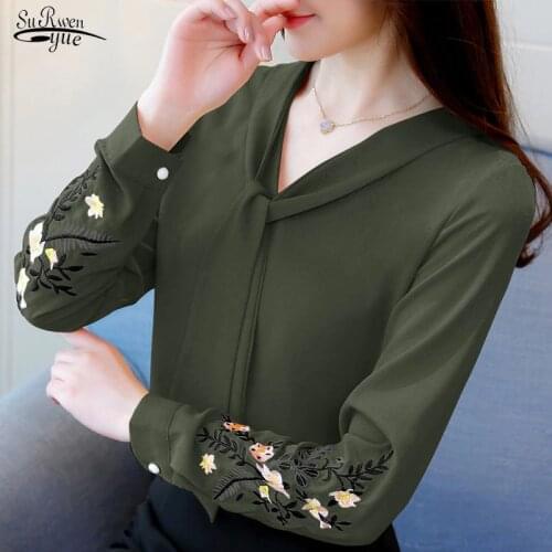 Blusas Fashion Woman Blouses 2021 Casual Long Sleeve Chiffon Blouse V-neck Shirts Office Lady Shirt Embroidery Women Tops 0547
