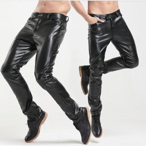 Black faux leather pants mens feet pants fashion motorcycle pu trousers for men personality pantalon homme autumn