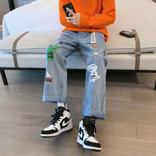 Wide-leg Jeans Male Dinosaur Printed Trend Brand Loose Straight Retro Washed Denim Trousers Casual Teenager Cartoon Pants S-2XL