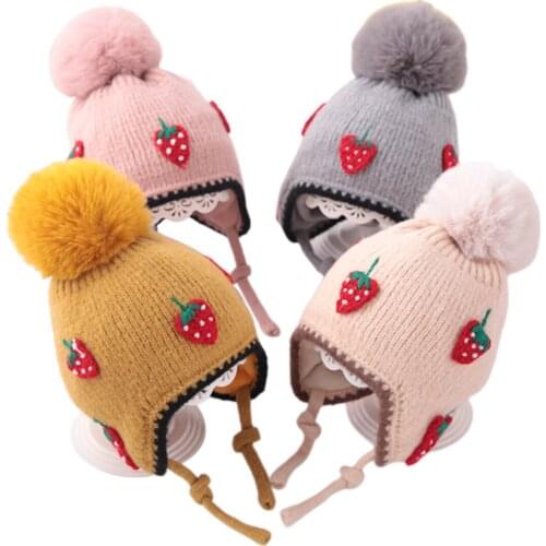 Imcute 2020 5 Colors Cute Baby Hat with Strawberry Knitted Winter Bonnet Infant Baby Cap Solid Kids Hats for Boys Girls 6-24M