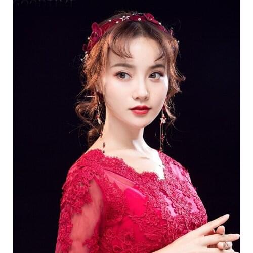 Classic Red Cotton Bridal Wedding Jewelry Fashion Flowers Headbands Earrings for Bride Women Prom Jewelry Hair Ornaments