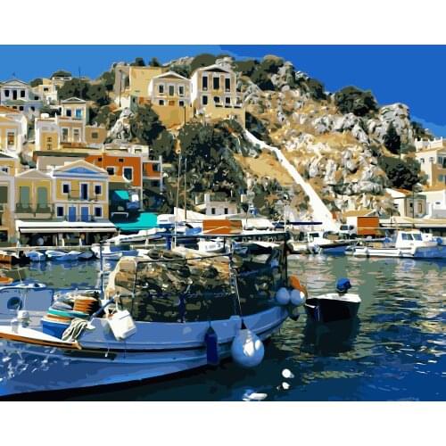 MaHuaf-j354 Greece dodecanese island boat mountain oil painting by numbers for home decor