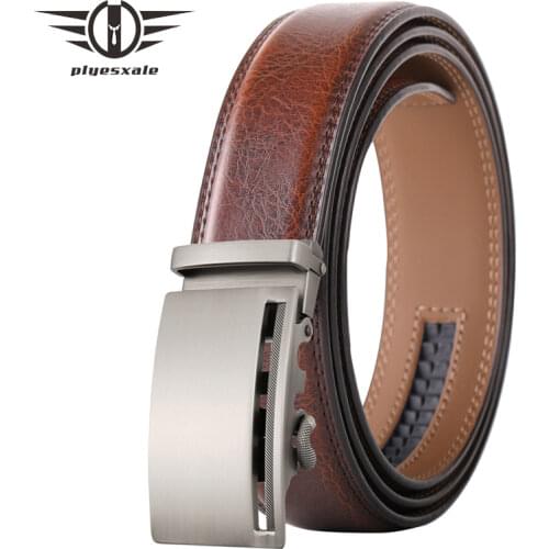 Plyesxale Adjustable Ratchet Men Belts Classic Cowhide Leather Belt Luxury Business Design Automatic Alloy Buckle Belt Men B673