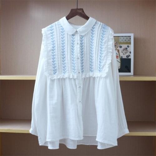 Soft sister retro palace style spring new fresh embroidered pleated double-layer gauze shirt hollow lace cotton light blouse