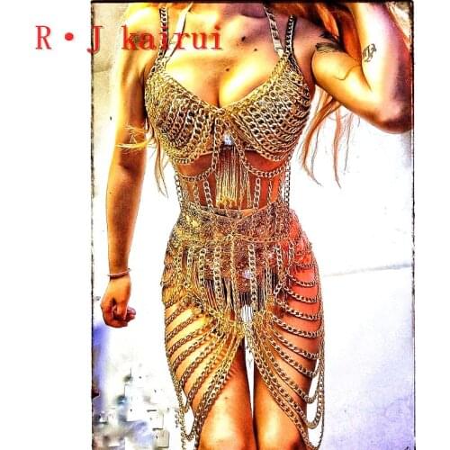 RJkairui New Sexy Hollow Gold Chains Bra Chains Unique Design Layers Long Dress Costume Jewelry 3 Colors