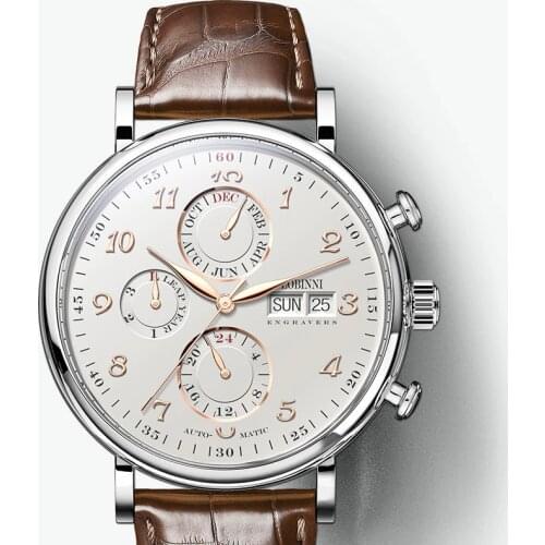 Luxury Brand Switzerland LOBINNI Men Watches Perpetual Calender Auto Mechanical Mens Clock Sapphire Leather relogio L13019-8
