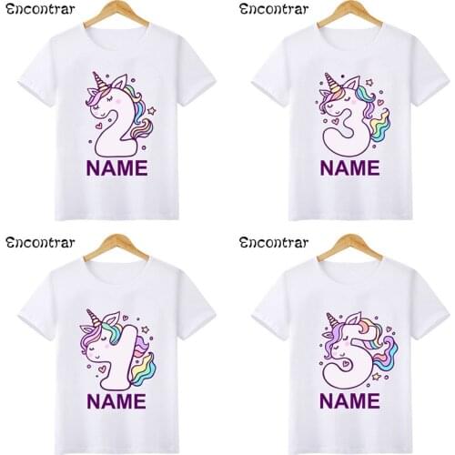 Happy Birthday Number 1-10 Cute Unicorn Print Girls T shirt Customize Name Kawaii Kids T-shirts Party Baby Children Tops,HKP5398