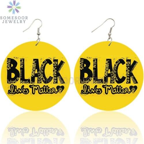 SOMESOOR Black Lives Matter Art Printing Wooden Drop Earrings Melanin Powerful Fist Pattern Wood Dangle Loops For Women Giftss