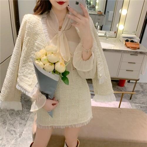 Sweet Style Elegant Two Piece Set Tweed Lace Stitching Single Breasted Long Sleeve Coat Jacket + High Waist A-line Skirt Suits