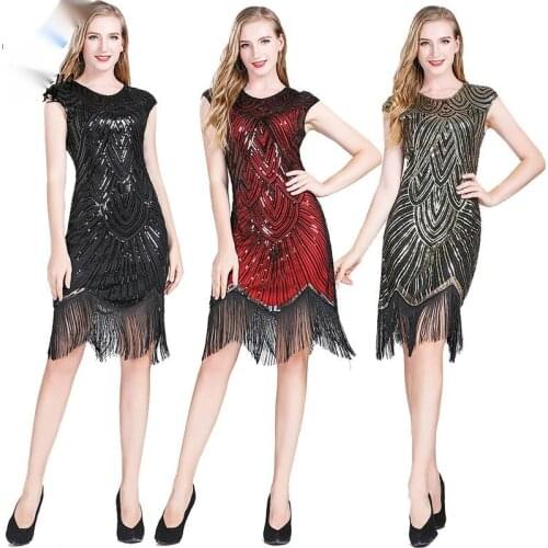 Women Vintage Sequin Fringe Lace Party Midi Dresses Sequin Embellish Summer Dress Party Charleston Cocktail Wedding Costumes