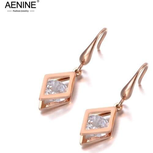 AENINE Office Style Cubic Zirconia Geometric Titanium Stainless Steel Earrings Rose Gold Handmade Ear Jewelry For Women AE19151