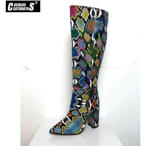 CUCULUS Faux Leather Women Knee High Boots Pointed Toe Boots Women Long Chunky Block High Heel Boots Black Apricot Brown 2018